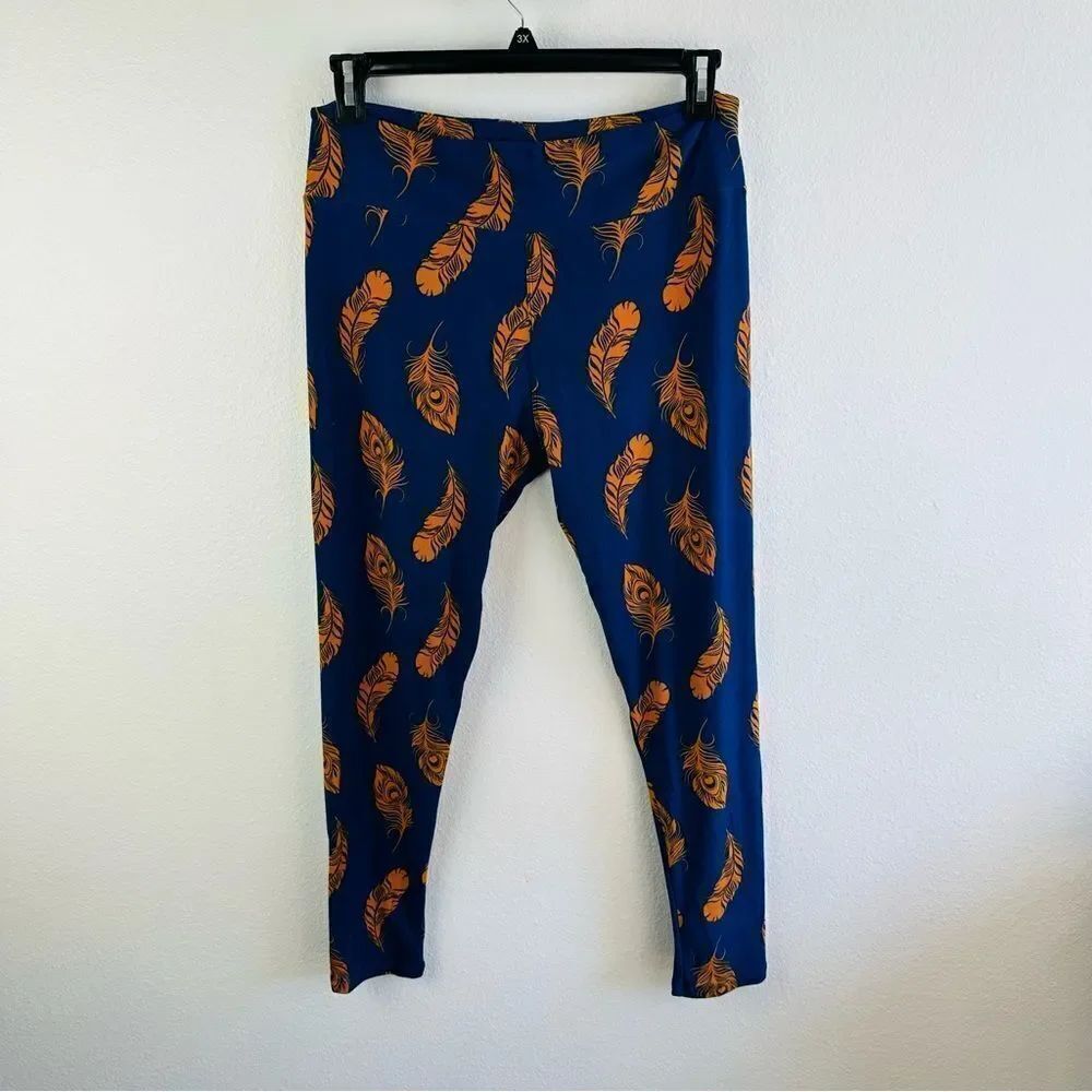 Lularoe Navy Orange Feather Leggings Tall and Curvy‎